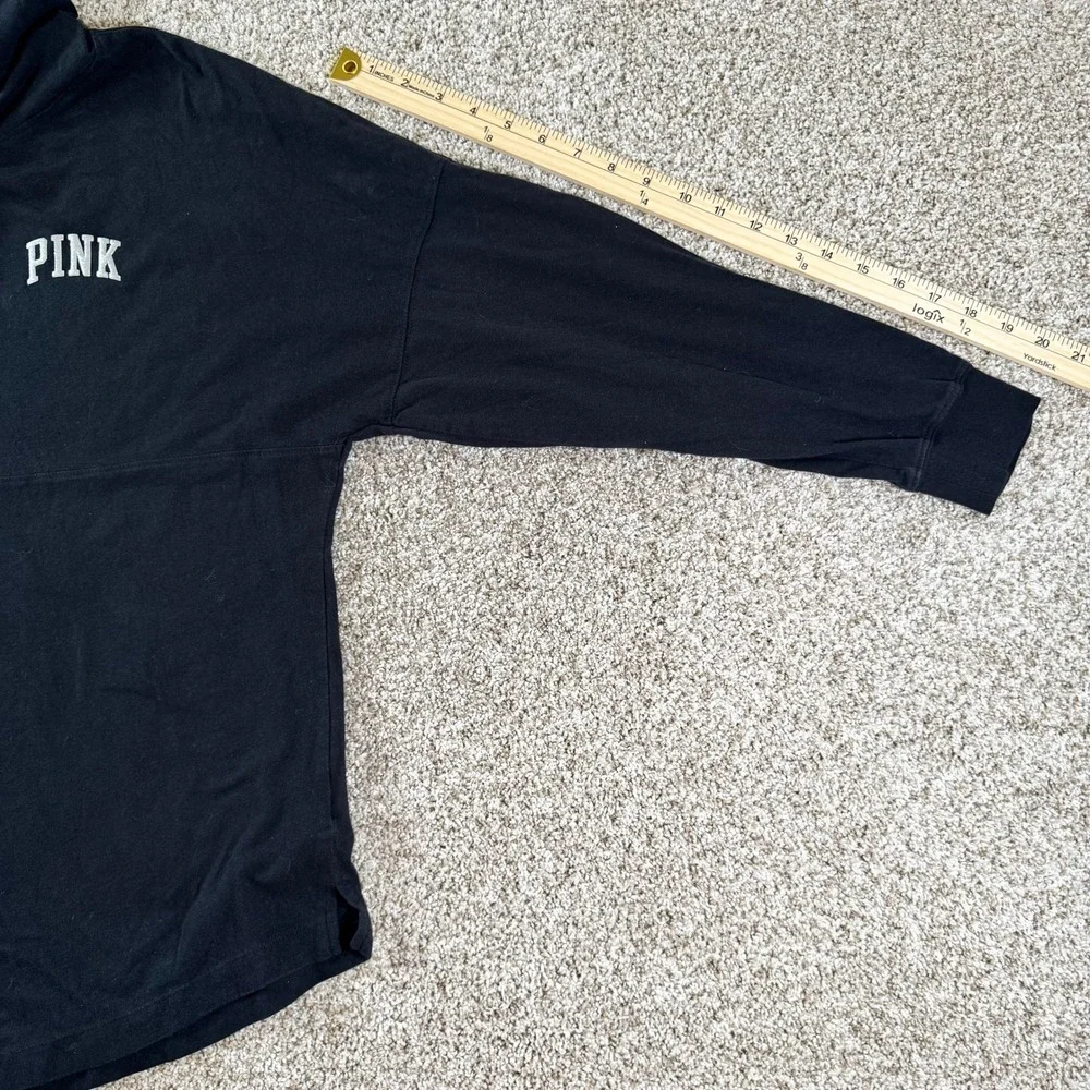 PINK Victoria's Secret Black Glitter Logo Hooded Long Sleeve Tee Shirt Womens S - Picture 6 of 14
